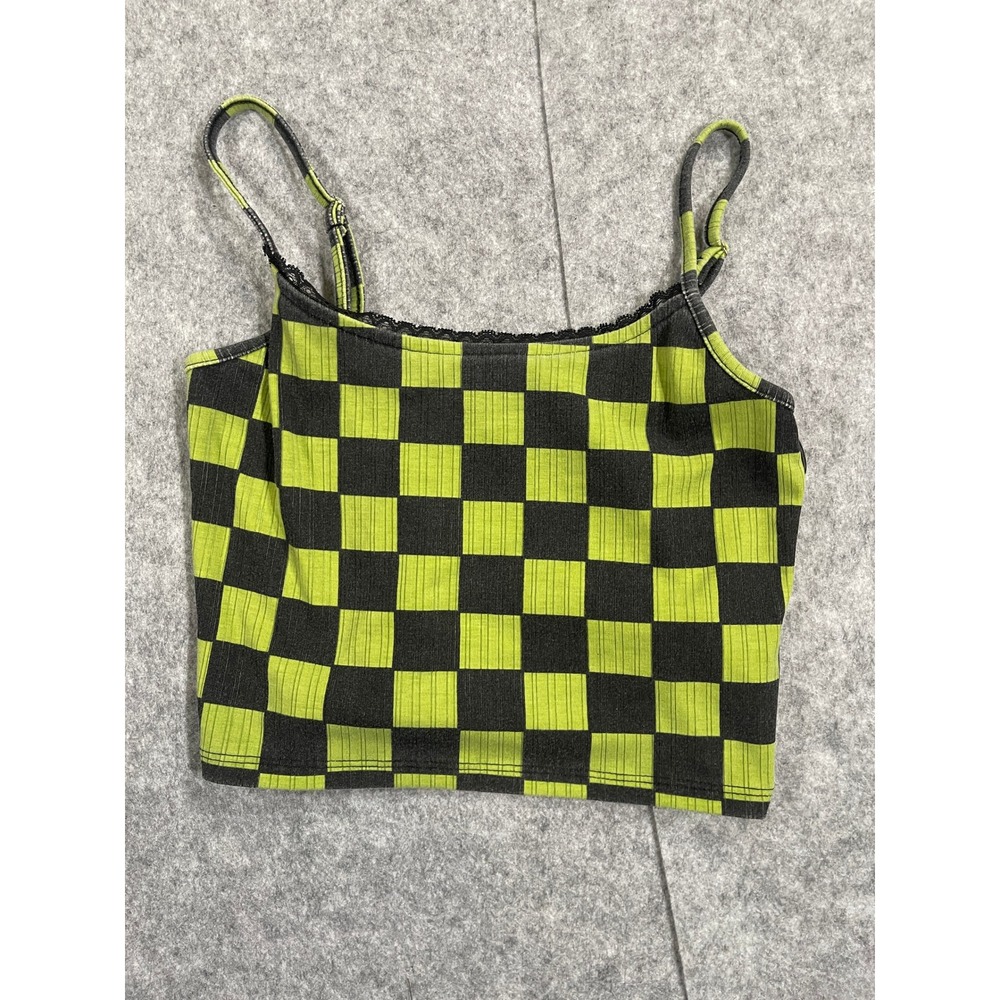 Forever 21 Lime Green Black Checkered Ribbed Lace Trim Cami Crop Top Women Small